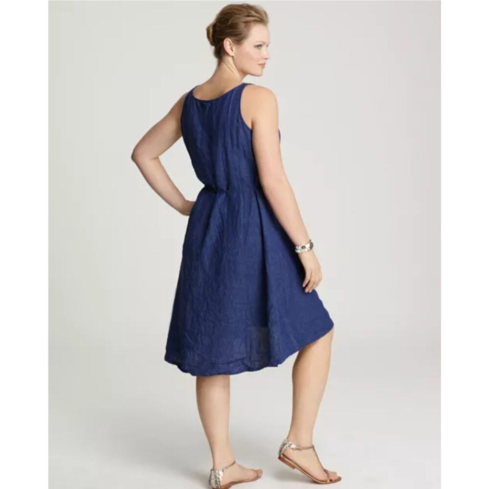 Eileen Fisher Linen Dress Size Small Blue Sleeveless Strappy Tie Waist Fit Flare - Picture 2 of 16